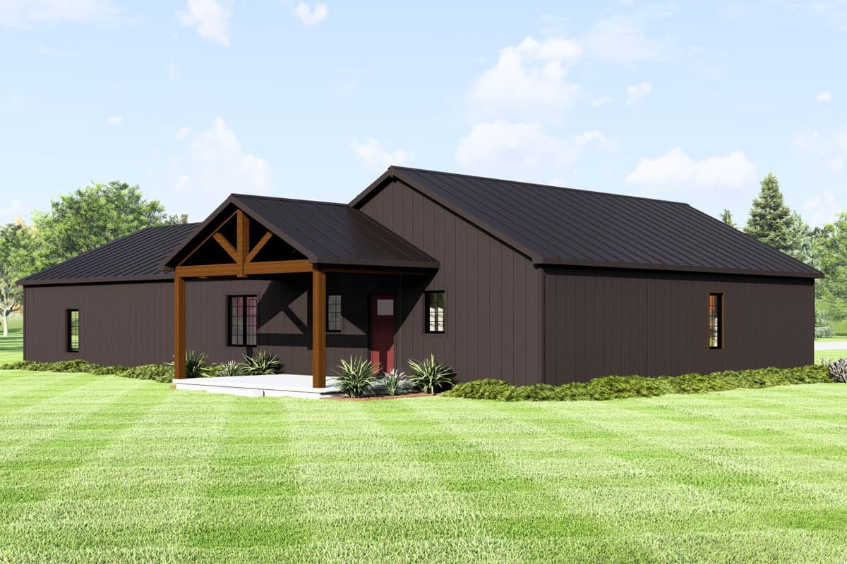 House plan exterior: one-story Modern Farmhouse with dark siding, metal roof, and exposed rafter porch.