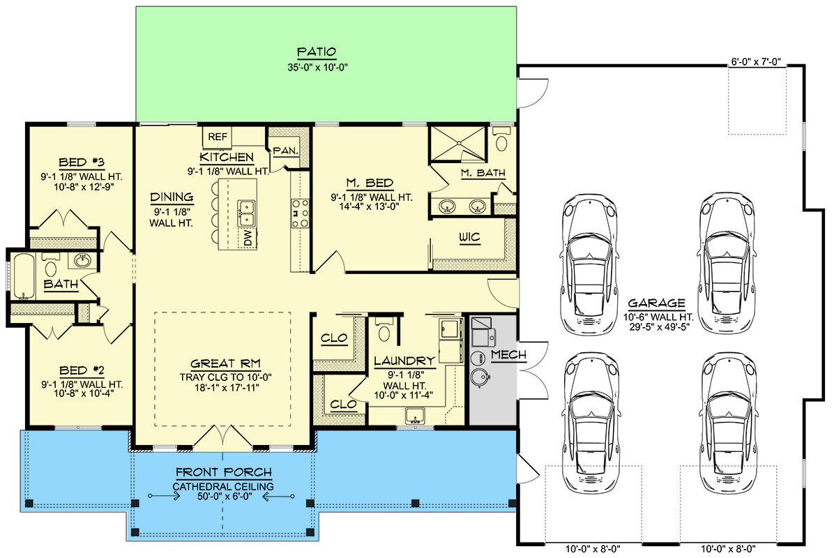 Plan 135319GRA: 3-Bed Contemporary Barndominium House Plan with 4-Car Garage - 1633 Sq Ft - Floor Plan - Main Level - Barndominium, Contemporary, Craftsman, Modern Farmhouse, New American, Ranch