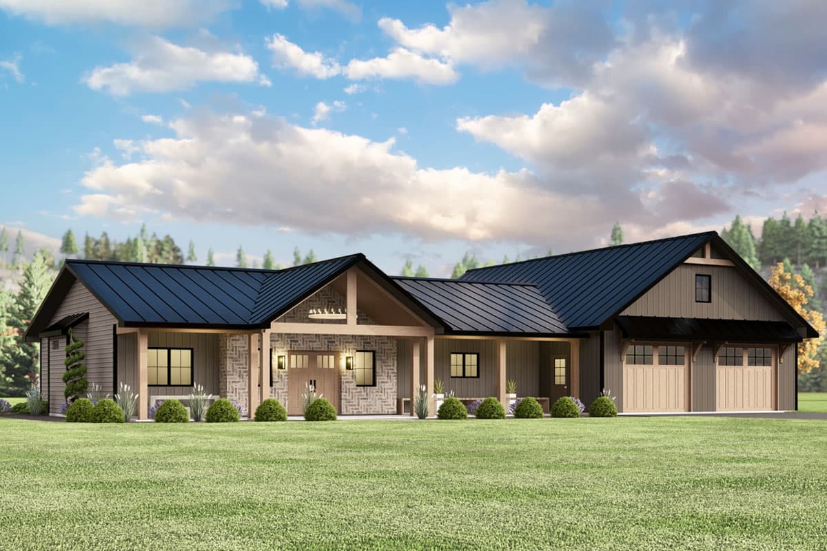 House plan exterior. Modern farmhouse style with a single story, a covered porch, gabled rooflines, and a three-car garage.