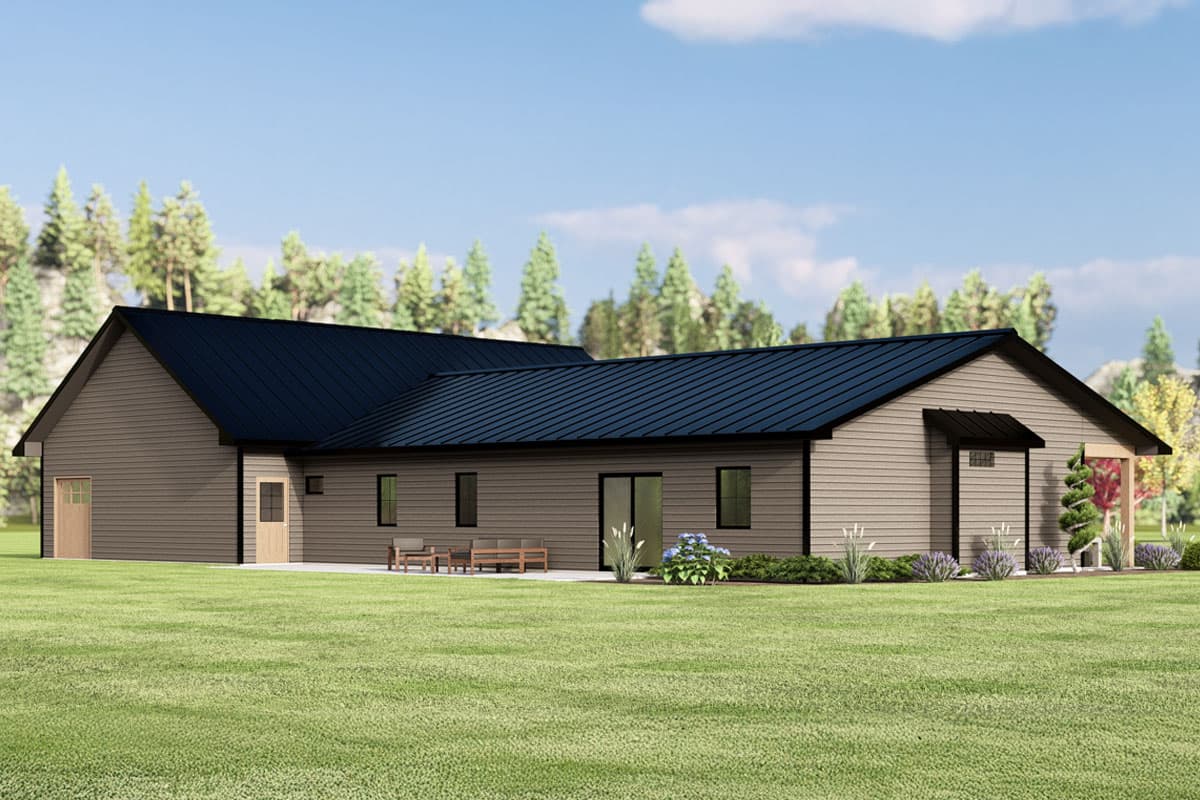 Ranch style house plan exterior with a detached garage, gabled roof, and a covered patio area.