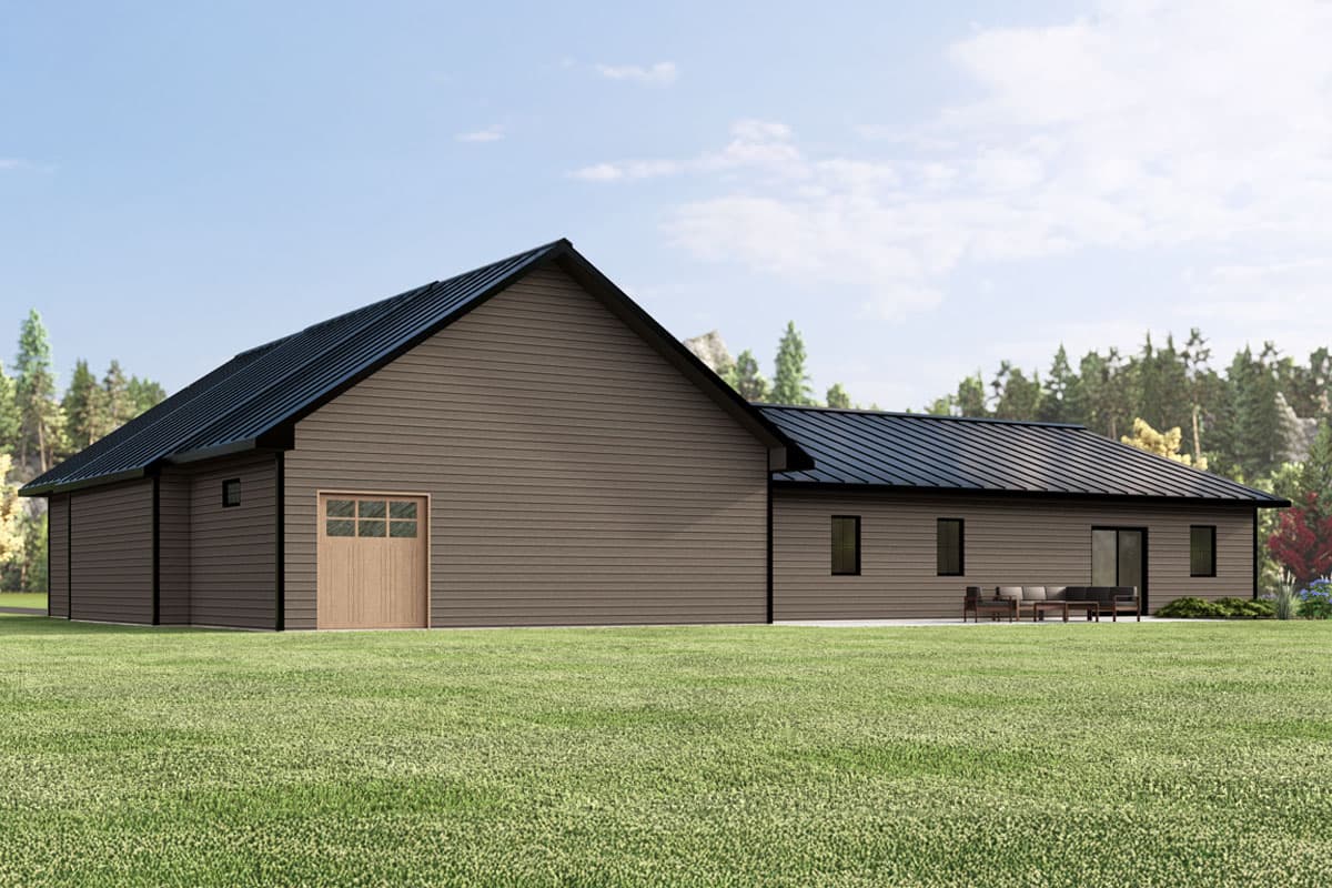 House plan exterior, single-story modern design with dark metal roof, horizontal siding, and attached garage.