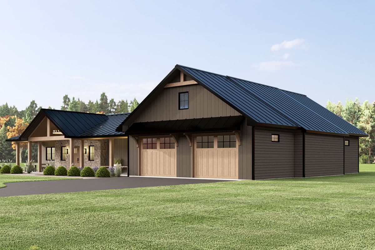House plan exterior: Modern Farmhouse style with a covered porch, stone accents, and a three-car garage.