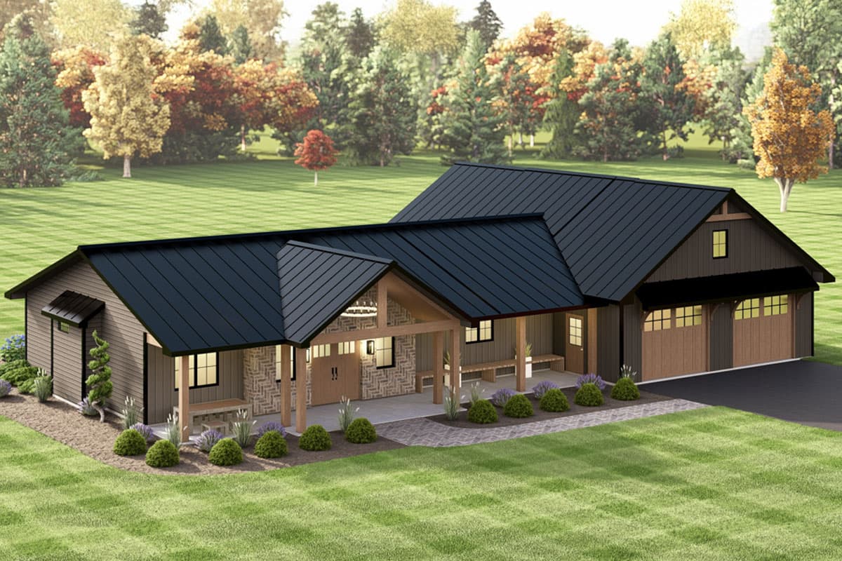 Plan 135319GRA: 3-Bed Contemporary Barndominium House Plan with 4-Car Garage - 1633 Sq Ft - Image #5 - Barndominium, Contemporary, Craftsman, Modern Farmhouse, New American, Ranch