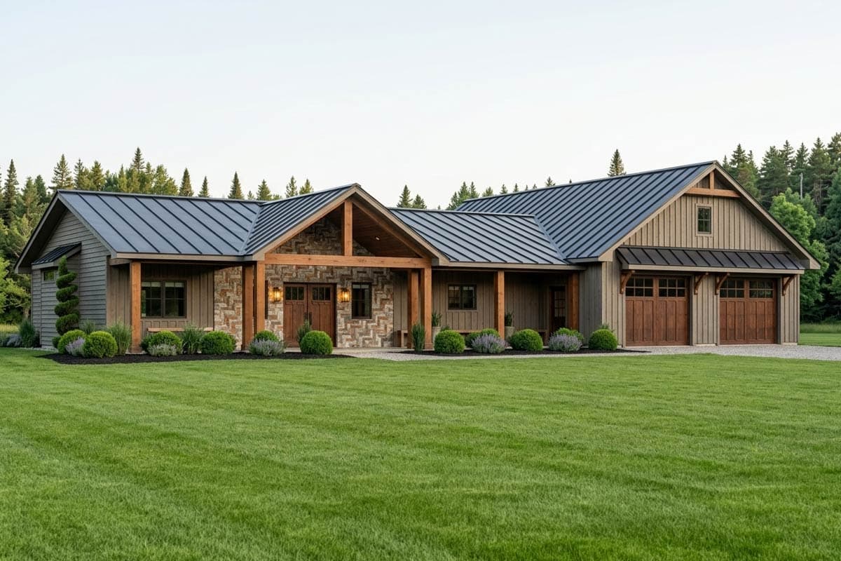 House plan exterior. Modern farmhouse style with a single story, a covered porch, gabled rooflines, and a three-car garage.