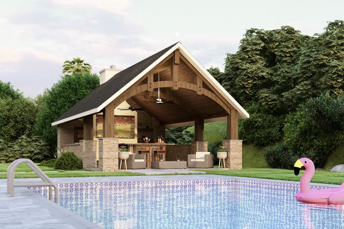 House plan exterior of a one-story covered outdoor living space with stone base, exposed wood beams, outdoor bar, and seating.