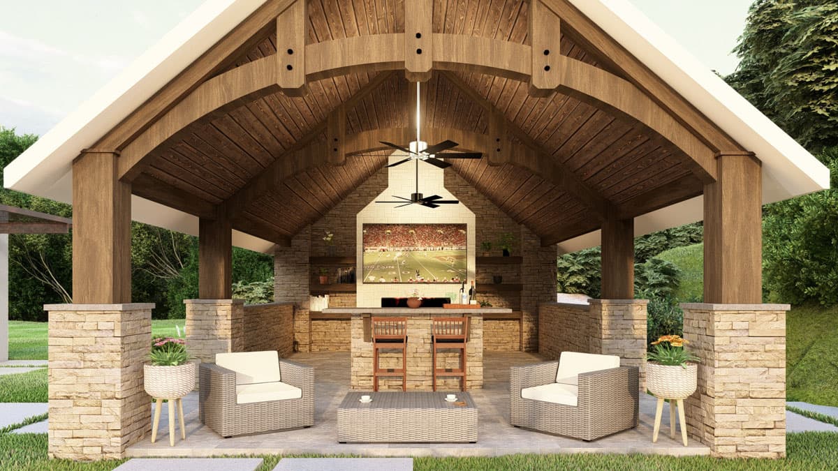 Outdoor pavilion with vaulted wood beam ceiling, stone columns, bar, seating, and television.
