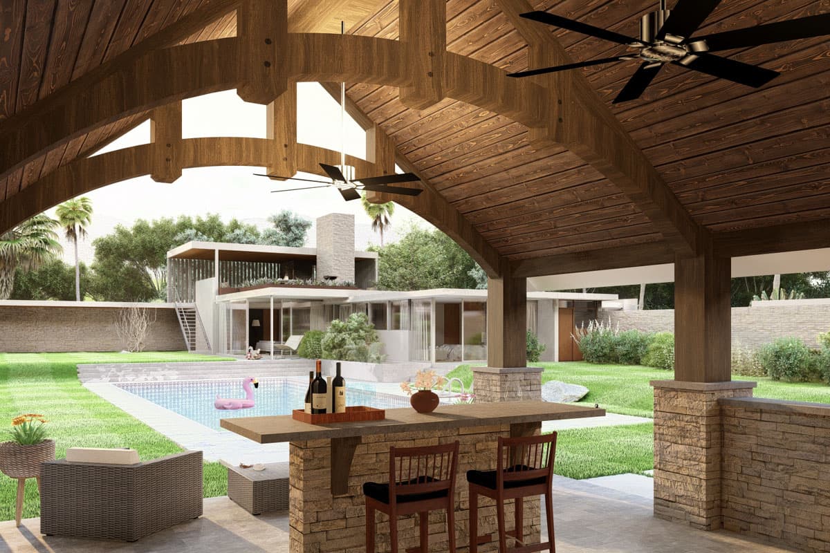Modern house plan exterior with cantilevered roof, exposed beams, stone chimney, large windows, and swimming pool.