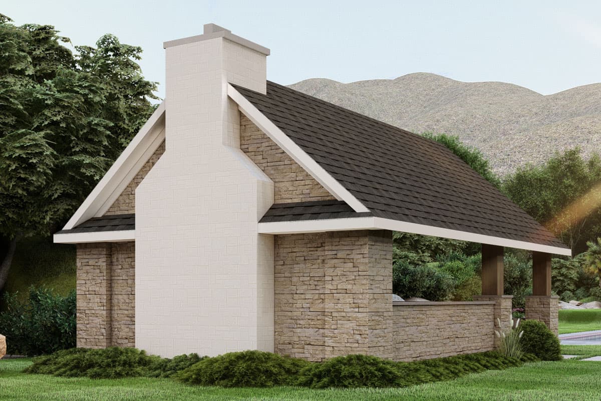House plan exterior with stone and white brick facade, prominent chimney, and covered porch area with wood supports.
