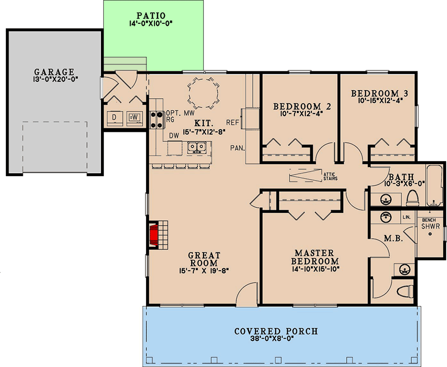 Plan 70910MK: 3-Bed Country House Plan with Covered Front Porch - 1363 Sq Ft - Floor Plan - Main Level - Country, Farmhouse, Ranch