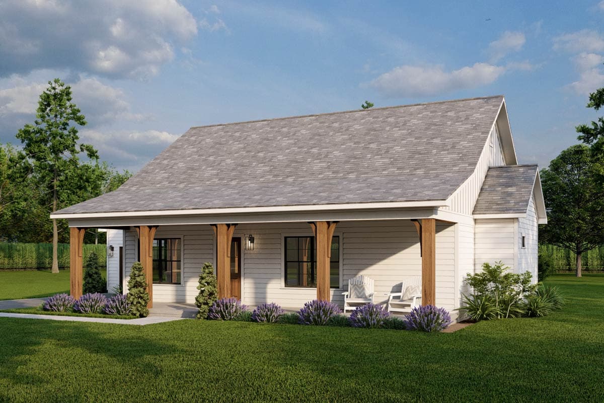 House plan exterior: One-story Modern Farmhouse with wraparound porch, exposed wooden beams, gabled roof, and dormer.