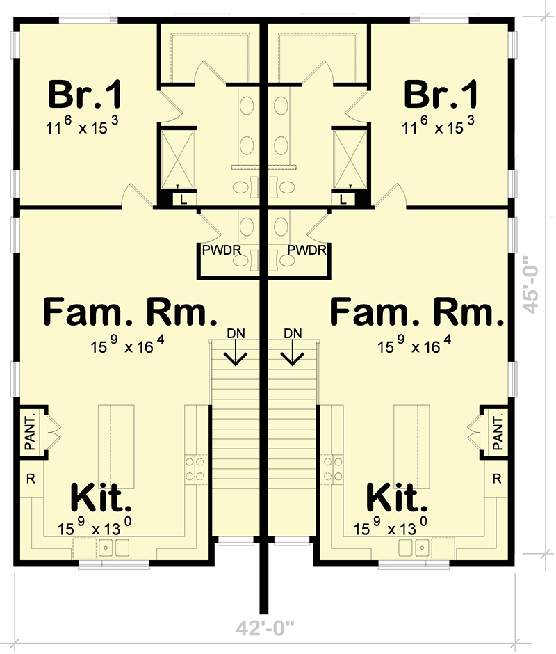 Plan 42456DB: Two-Story Contemporary Duplex House Plan with Each Unit Under 1600 Sq Ft - Floor Plan - 2nd Floor - Contemporary, Modern