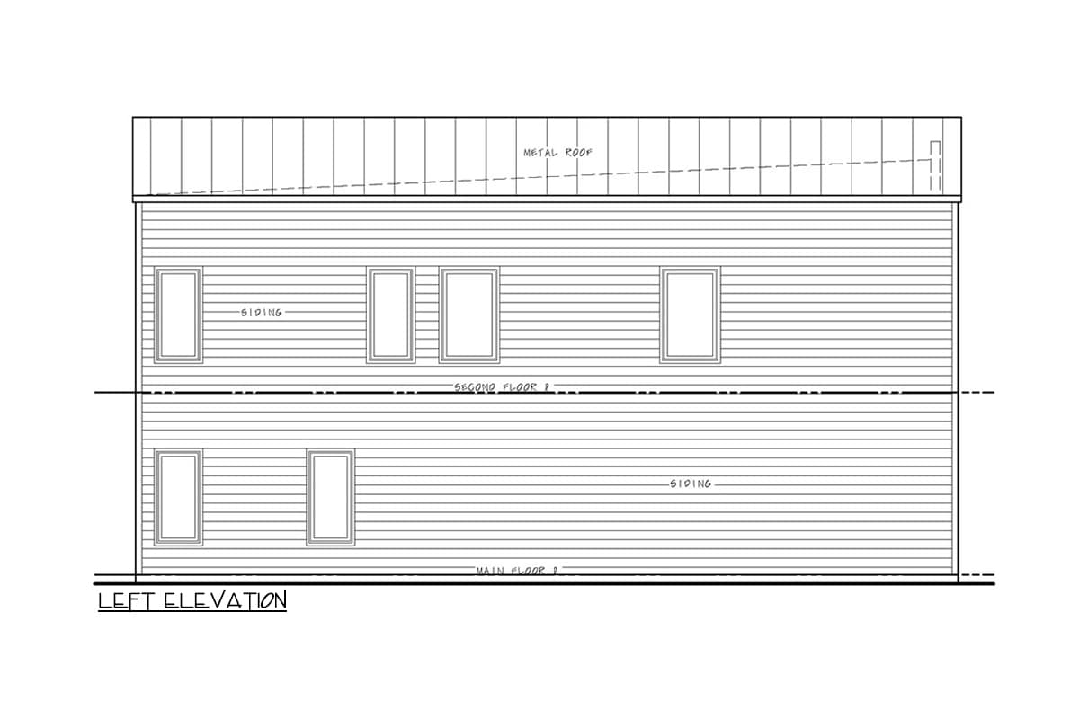 Left elevation drawing of a two-story house plan with horizontal siding, a metal roof, and multiple windows on each floor.