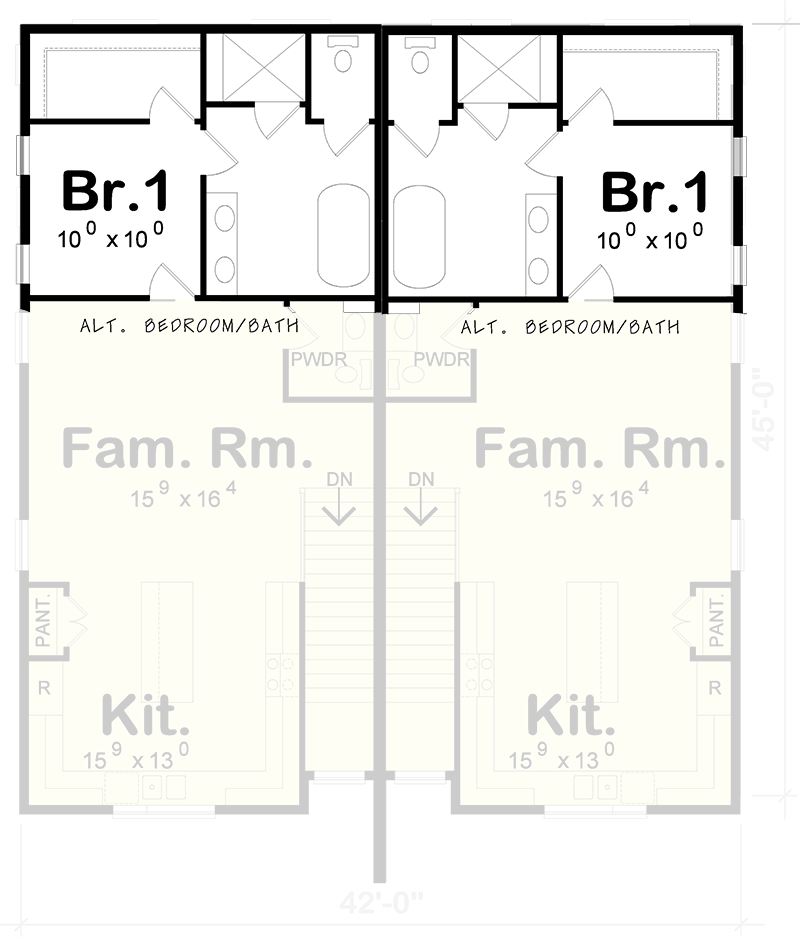 Plan 42456DB: Two-Story Contemporary Duplex House Plan with Each Unit Under 1600 Sq Ft - Floor Plan - Alternate Second Level Layout - Contemporary, Modern