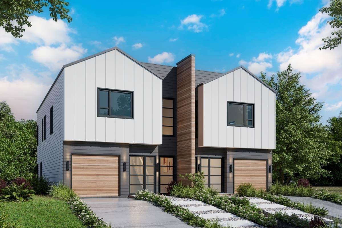 House plan exterior. Modern style, two-story home with board and batten siding, gable roof, and attached garage. Stone walkway leads to entrance.
