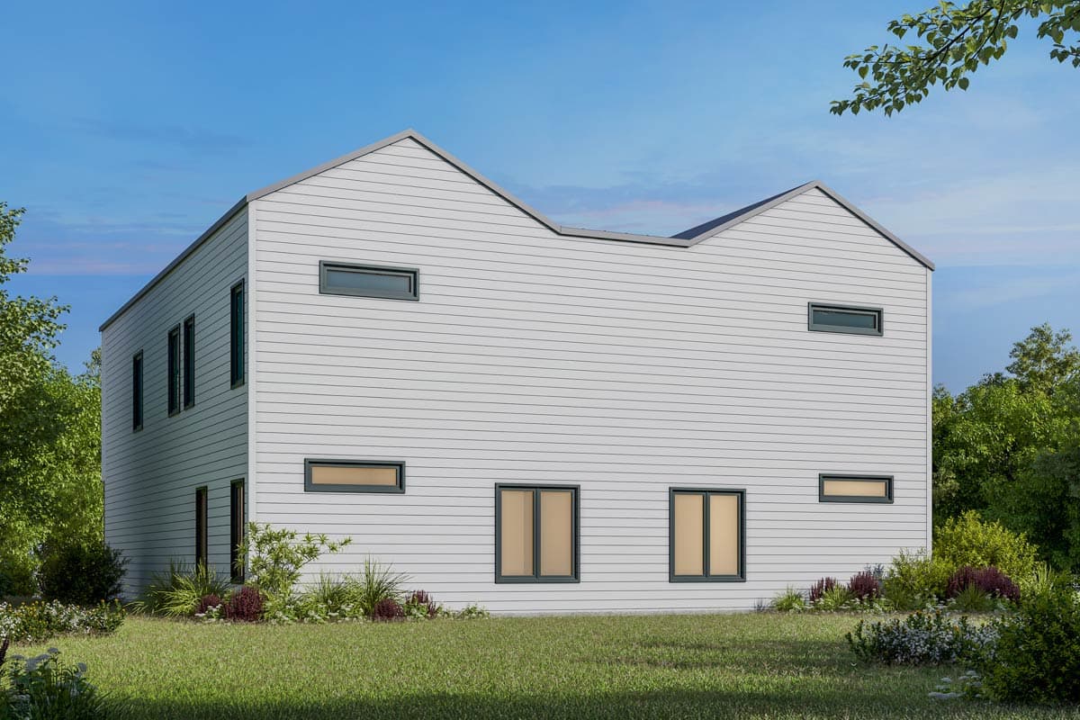 Modern house plan exterior with horizontal siding, varied window sizes, and an asymmetrical gable roofline.