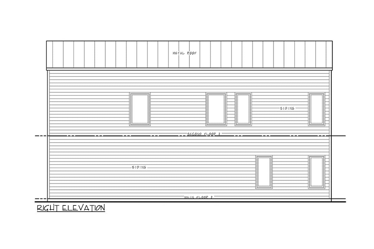 Right elevation house plan drawing showing a two-story building with horizontal siding and a metal roof.