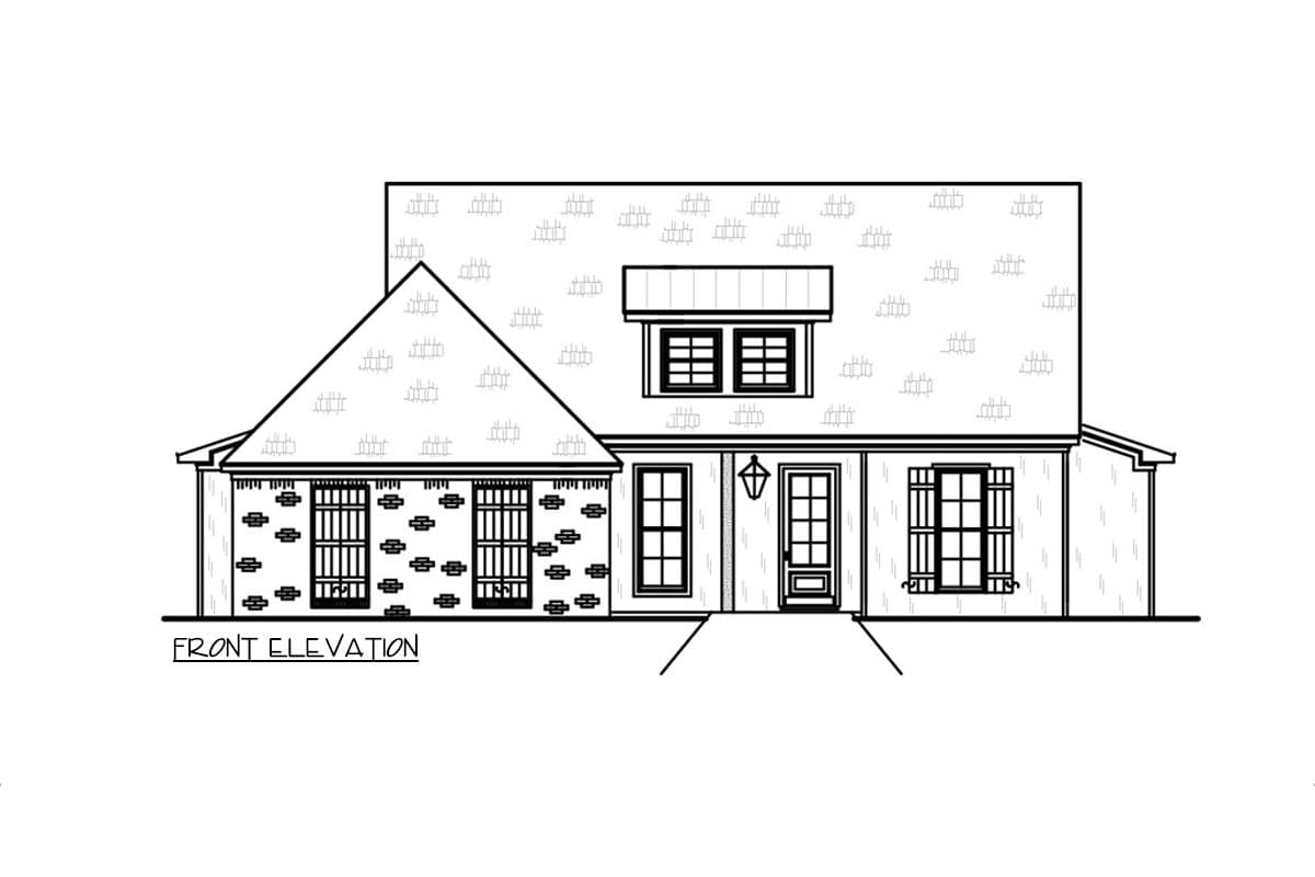 Front elevation drawing of a two-story house plan with a prominent gable, dormer, and brick detailing.
