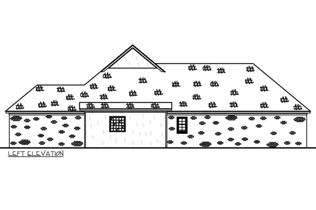 Left elevation house plan drawing showing a single-story structure with a varied roofline and stone veneer on portions of the exterior walls.