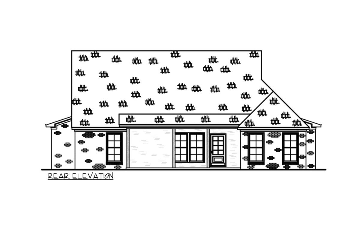Rear elevation drawing of a one-story house with brick exterior, gabled roof, multiple windows, and a central door.