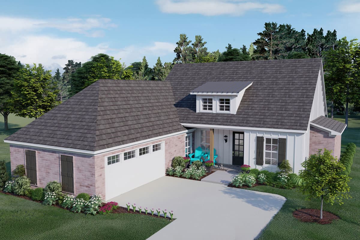 House plan exterior with board and batten siding, Craftsman style, and a low-pitched gable roof. Features include a front porch and dormer.