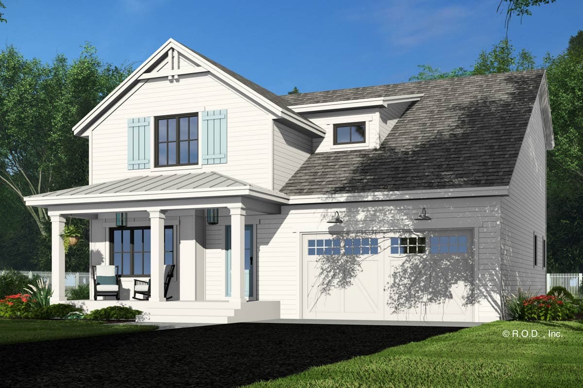 House plan exterior of a two-story Modern Farmhouse with a covered porch, gabled dormer, and attached two-car garage.