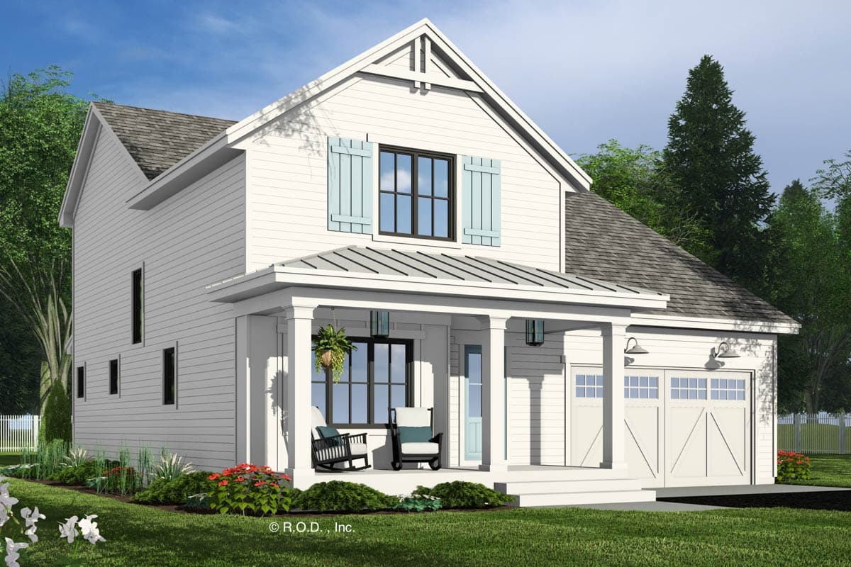 House plan exterior: Two-story modern farmhouse with gabled roof, covered front porch, and attached two-car garage.