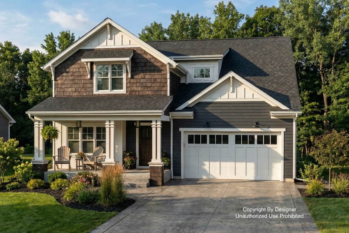 A two-story house with dark siding and a brown shingled facade. A front porch with seating and landscaping decorates the front yard.