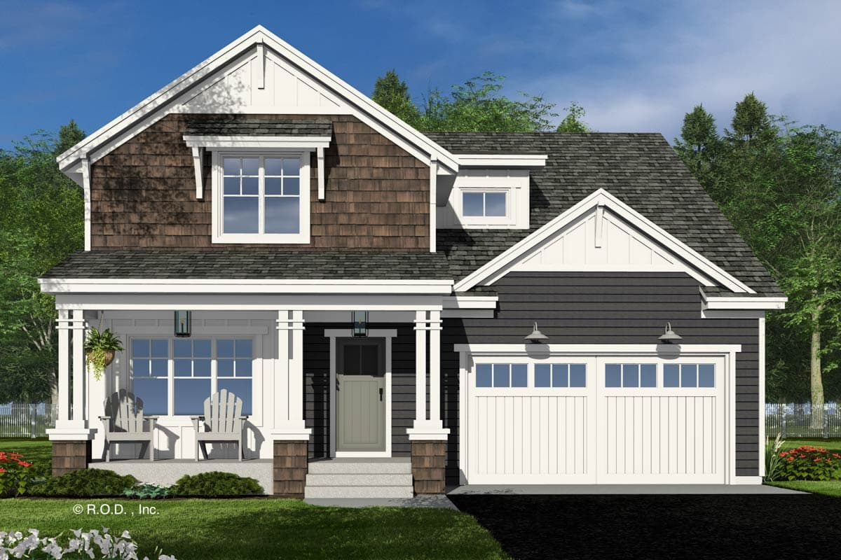 House plan exterior: Two-story Modern Farmhouse with gabled dormers, a covered front porch, and a two-car garage.