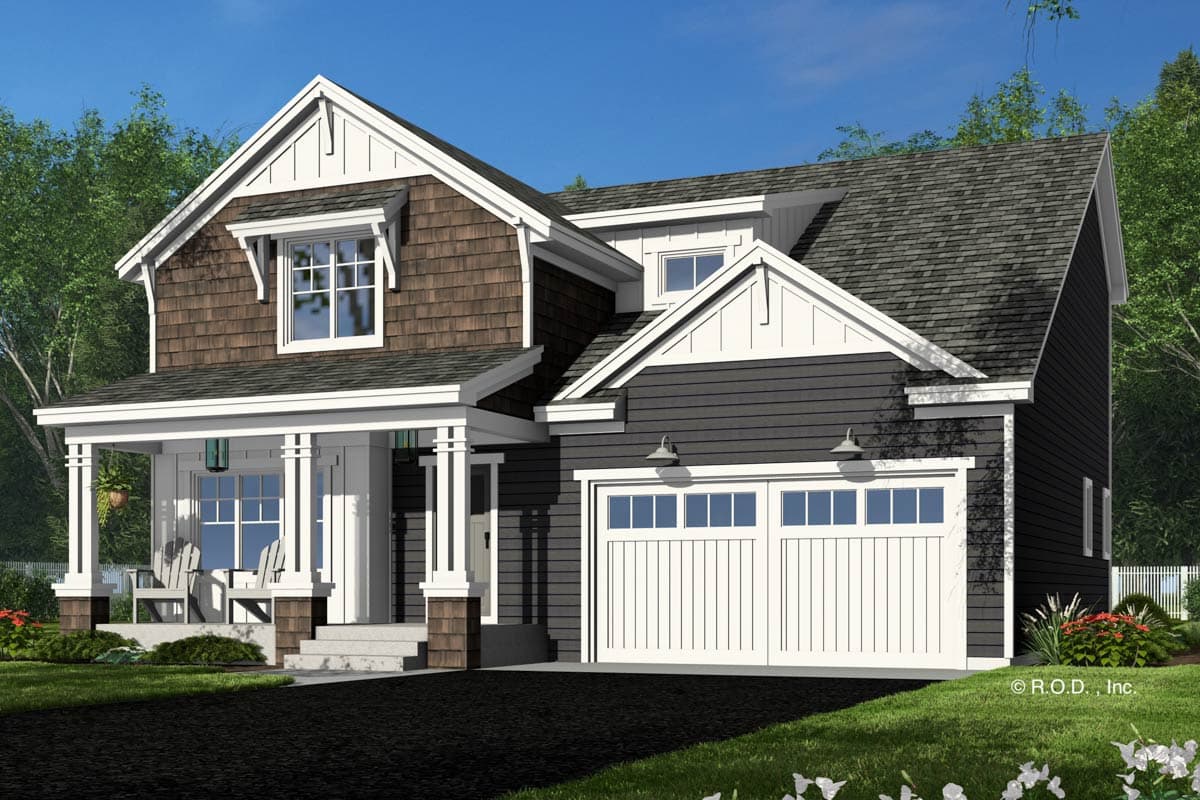 House plan exterior: Craftsman style, two stories, with a covered front porch, shingle siding, and a two-car front-facing garage.