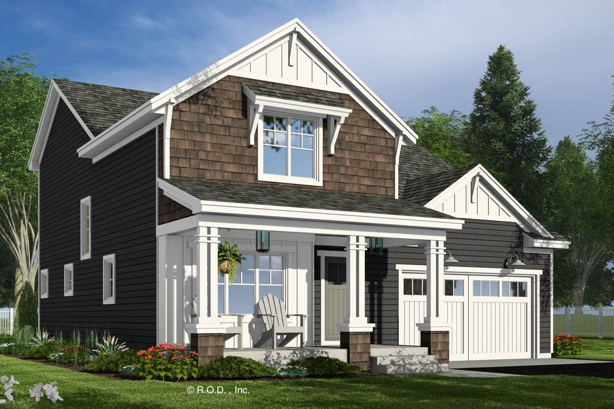 House plan exterior: Two-story Modern Farmhouse with shingle siding, gabled dormer, and covered front porch with square columns.