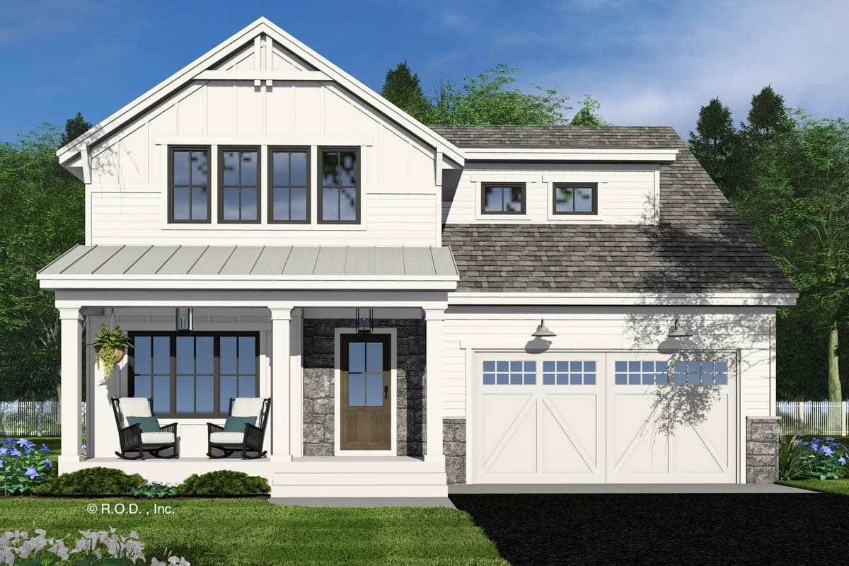 Modern farmhouse house plan exterior with front porch, gables, dormers, and a two-car garage.