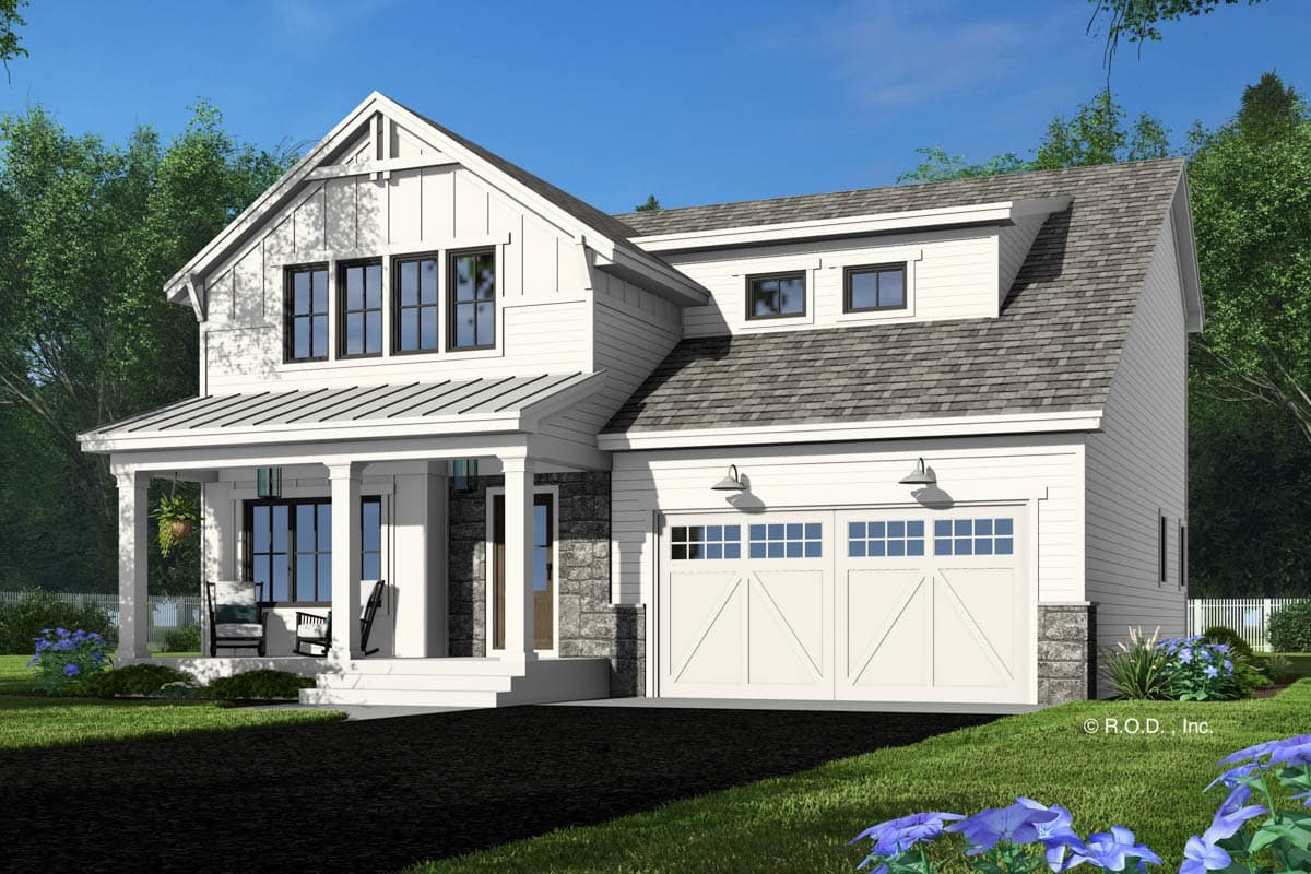 Modern Farmhouse house plan exterior with a covered porch, gables, dormers, and a two-car garage.