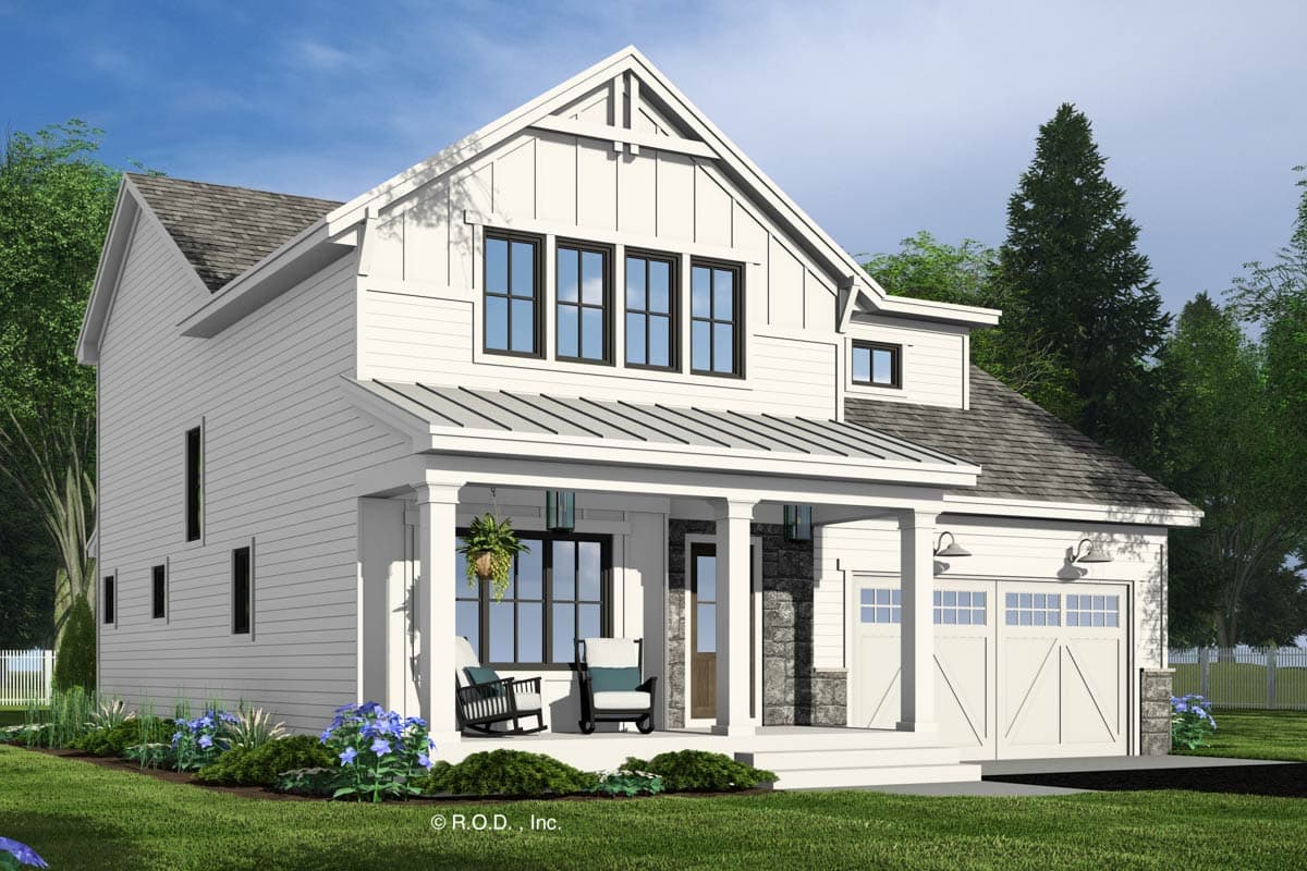 House plan exterior: Modern Farmhouse style, two stories, with a covered front porch, gables, and a two-car garage.