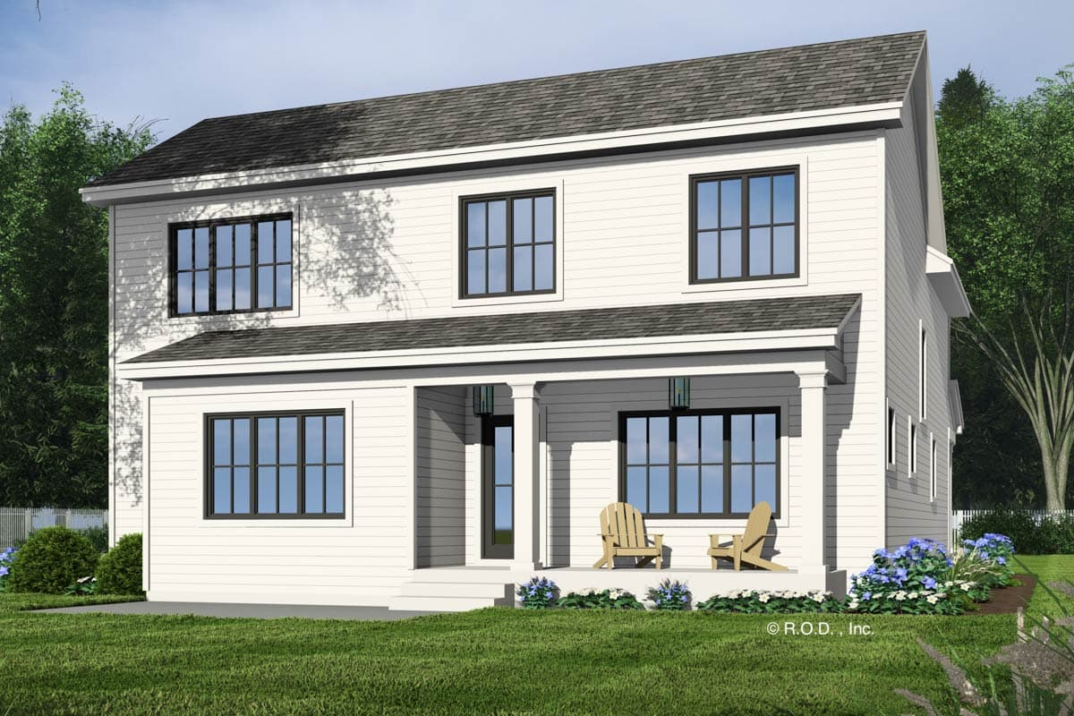House plan exterior: Two-story white siding home with a covered front porch, multiple gables, and dark-framed windows.