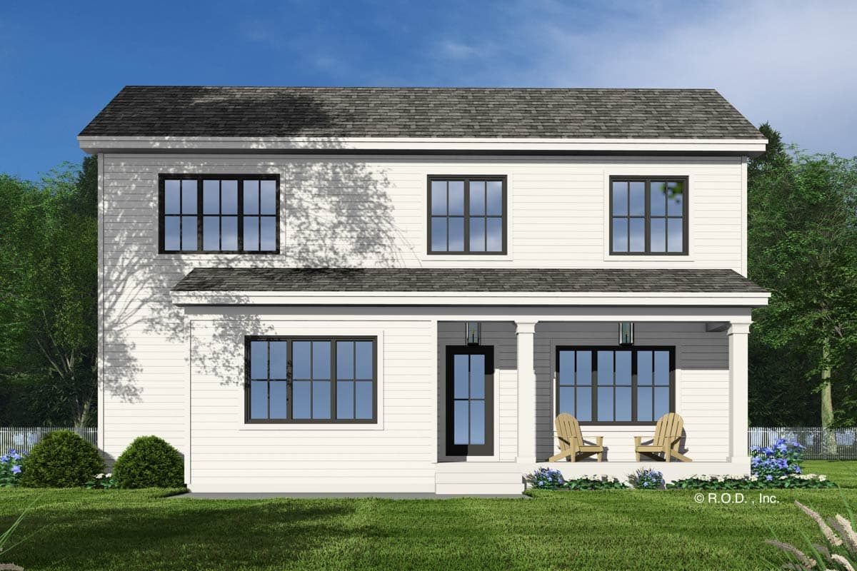 Two-story house plan exterior with a front porch, white siding, and numerous grid windows.