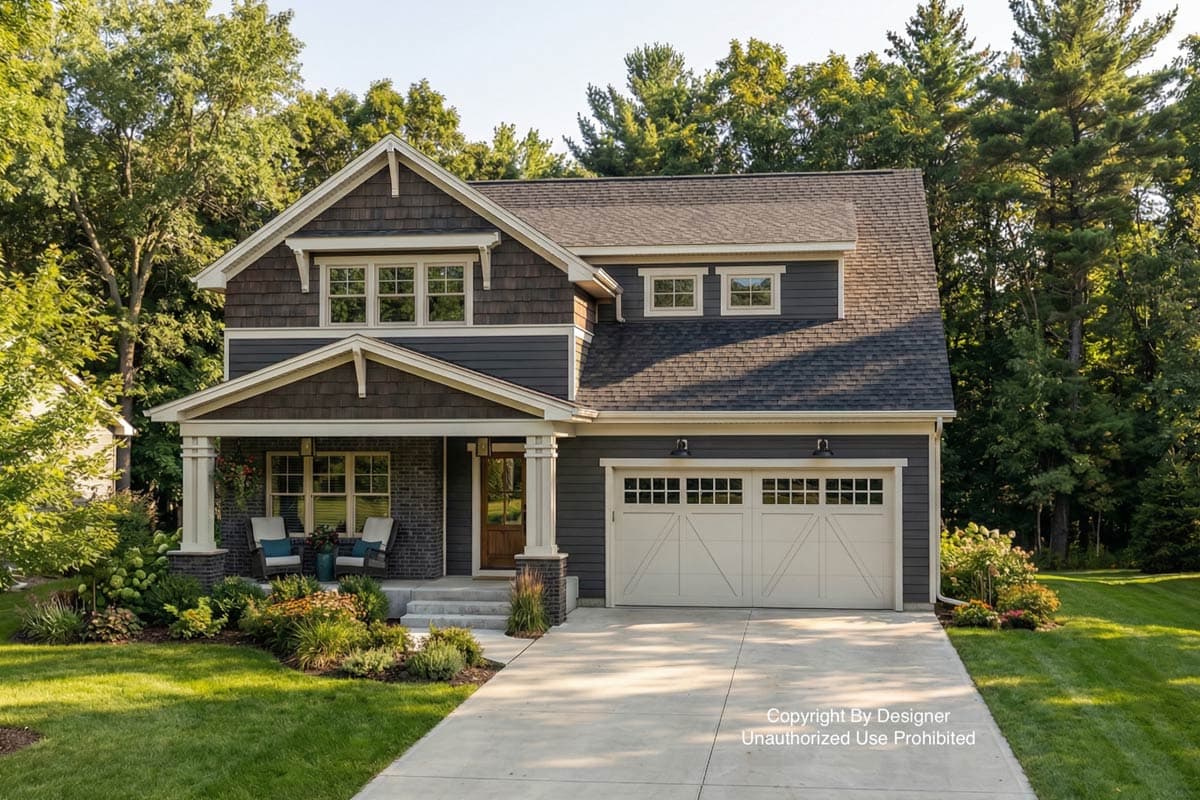 A two-story house with dark gray siding, a light-colored garage door, and a covered front porch with two chairs. Lush landscaping surrounds the home.