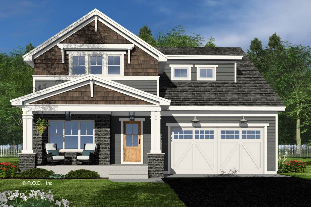 House plan exterior: two-story home with covered porch, stone foundation, gabled dormer, and attached two-car garage.