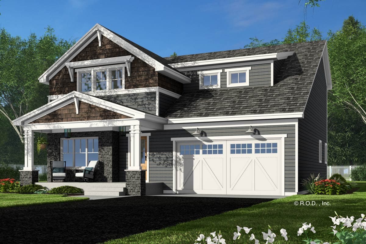Craftsman style house plan exterior with covered porch, dormers, and a two-car garage.