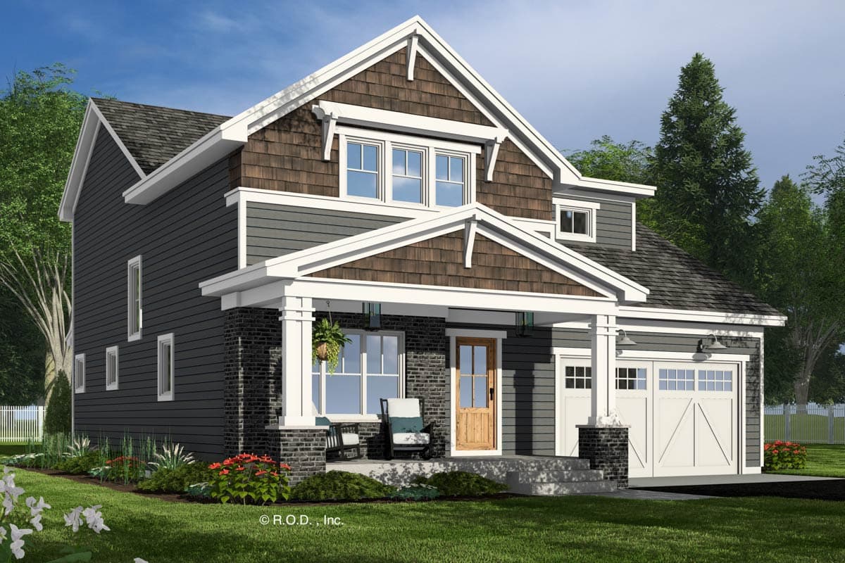 House plan exterior: Two-story Modern Farmhouse with gabled dormers, covered porch with stone columns, and attached two-car garage.