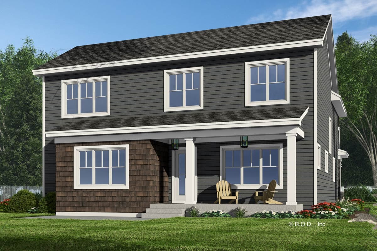 House plan exterior: Two-story home with a covered front porch, lap siding, and shingle accents. Features multiple gables and white trim.