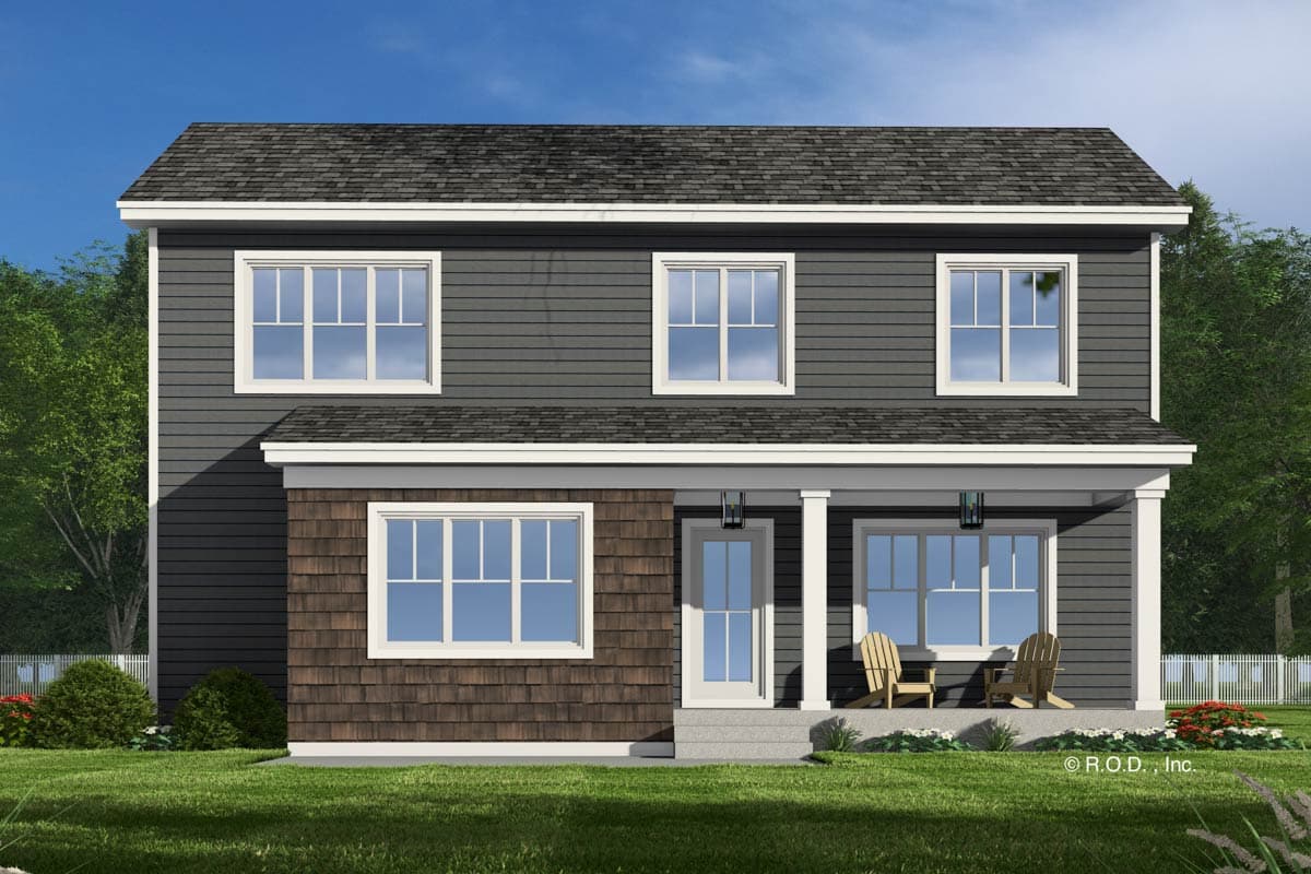 Two-story house plan exterior with lap siding, cedar shingles, and a covered front porch with two chairs.