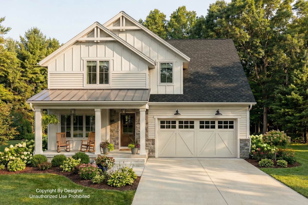 A two-story house with white siding, a metal roof, and a stone accent on the facade. The front porch has rocking chairs, and a two-car garage.
