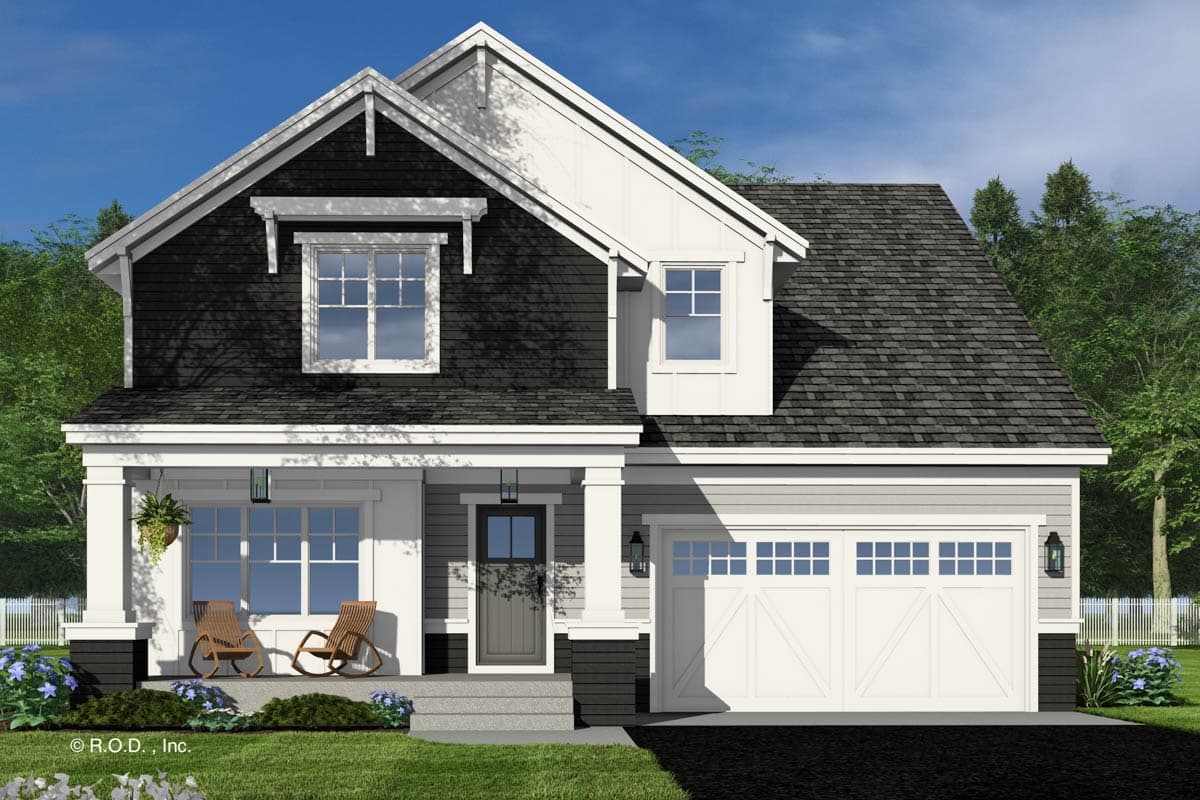 House plan exterior: Modern Farmhouse style, two stories, with a covered porch, prominent gables, and a two-car garage.