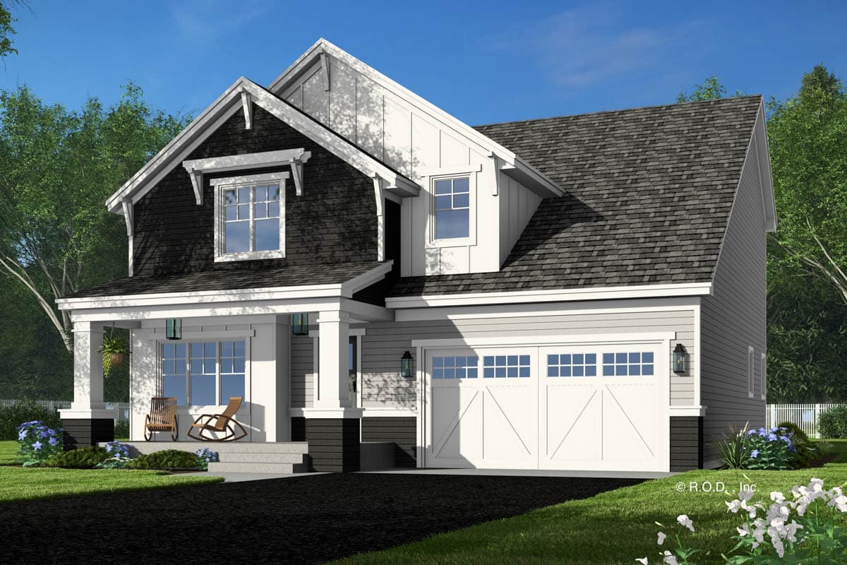 House plan exterior. Two-story Modern Farmhouse with a gabled roof, dormers, and a front-facing garage. Includes a covered porch.