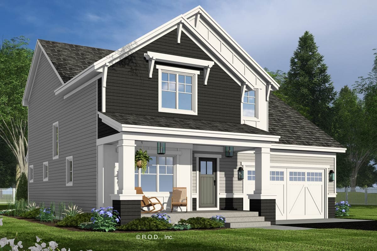 House plan exterior: Two-story modern farmhouse with gabled dormers, covered front porch, and attached two-car garage.