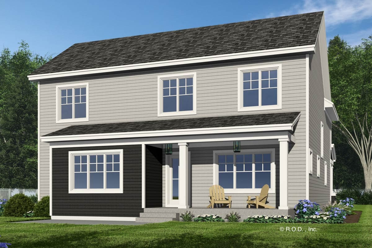 Two-story house plan exterior with a prominent covered front porch, contrasting siding, and a steeply pitched roof.