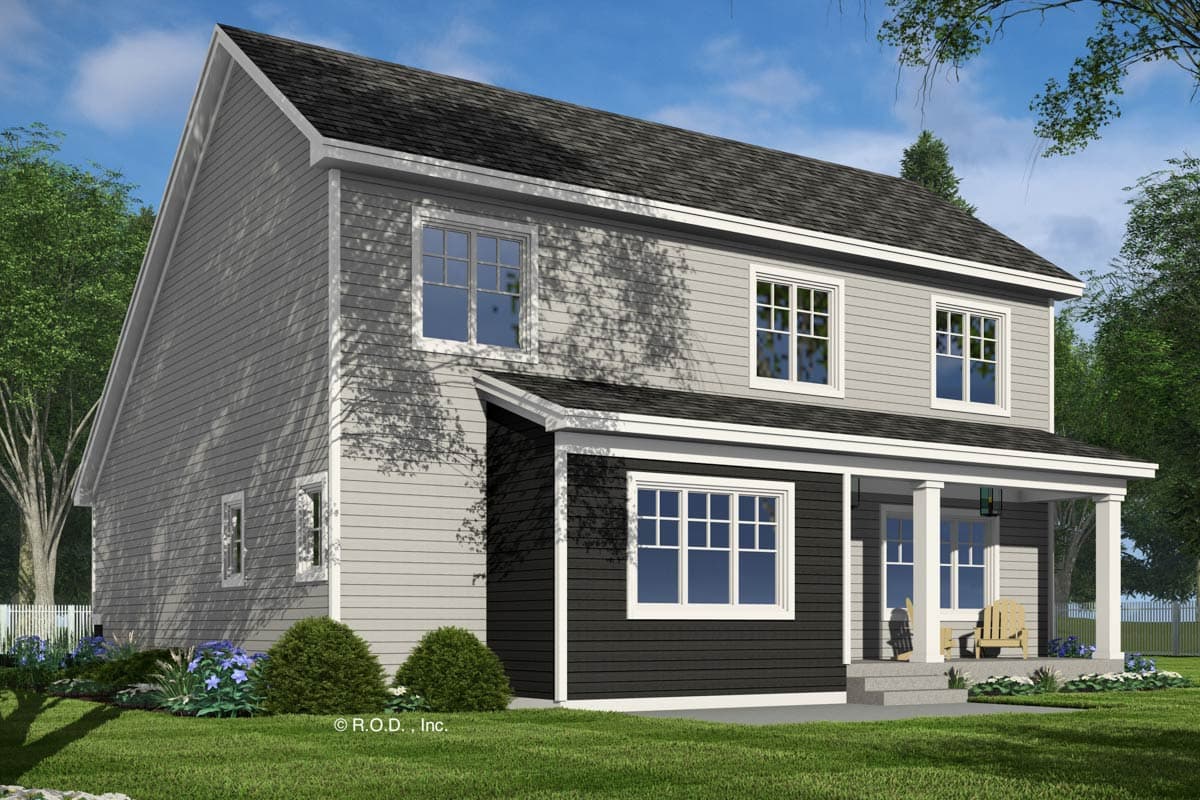 Two-story house plan exterior with a covered front porch, gables, and horizontal siding. Includes dormer on the second story.