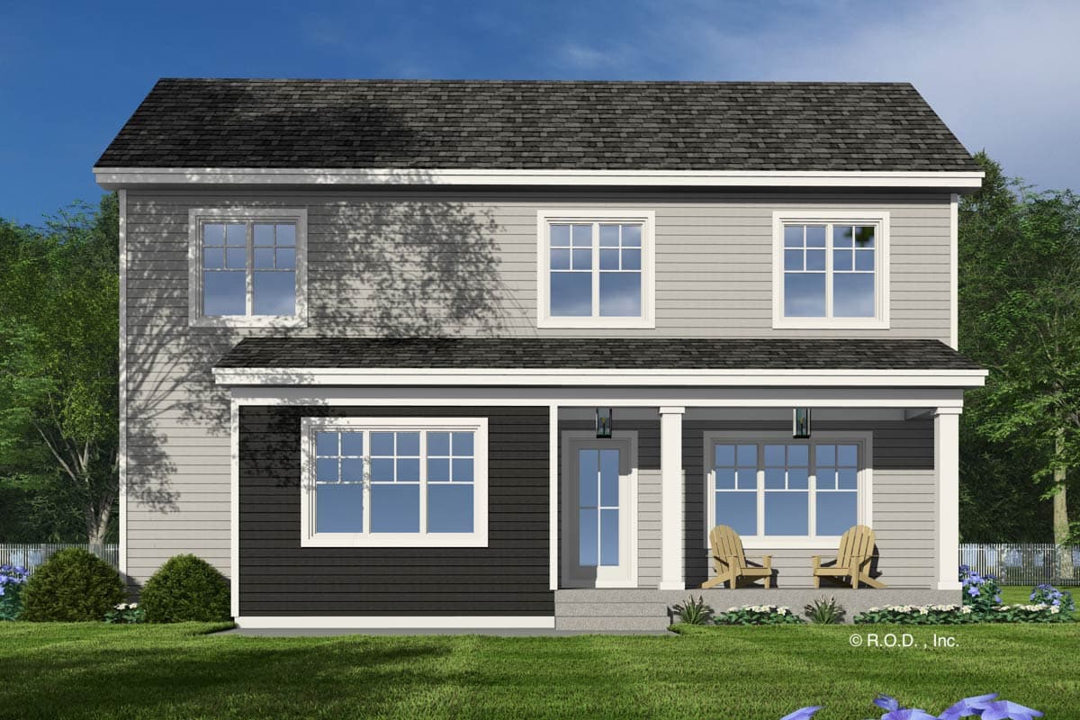 House plan exterior: two-story home with a covered front porch, gables, and prominent dormers.
