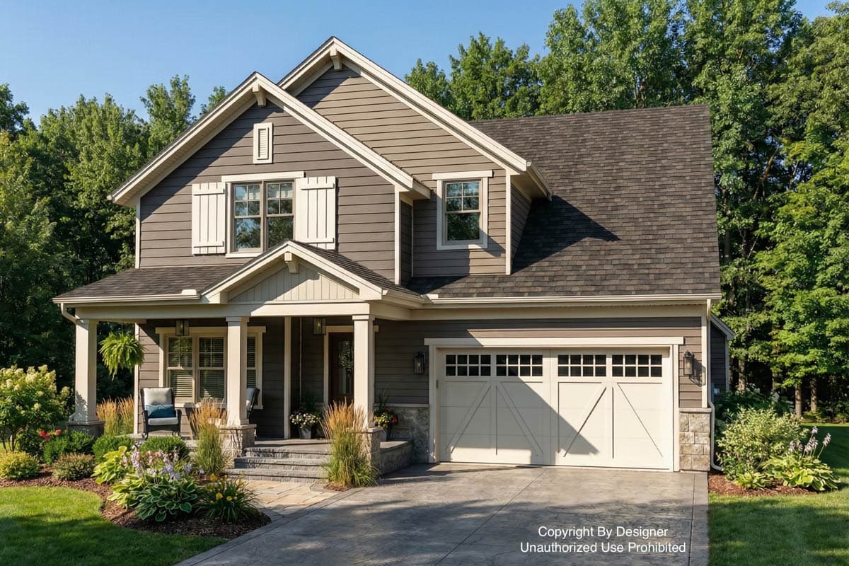 A two-story house with gray siding, a white garage door, and a front porch. Landscaping and a green lawn surround the home.