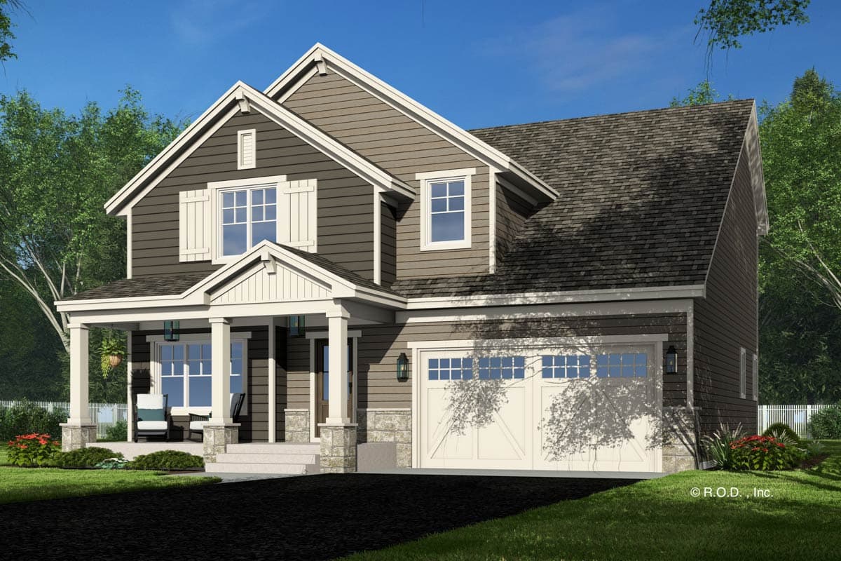 House plan exterior: Two-story Modern Farmhouse with covered front porch, gable roof, and side-entry garage.